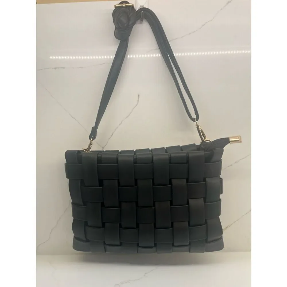 Anthro Woven Black Shoulder Bag Gold Hardware Knot Strap Chic